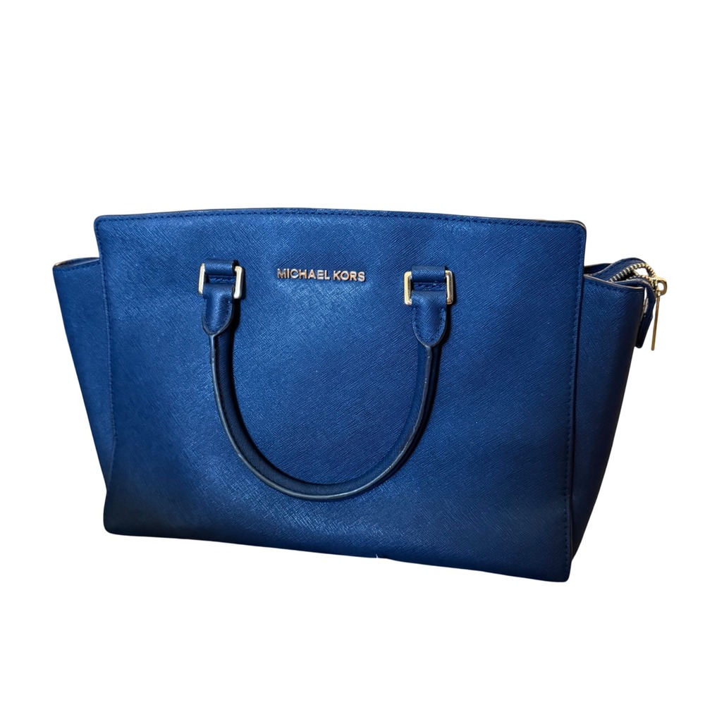 Michael Kors Selma Medium Satchel Navy Blue Saffiano Leather Gold Hardware Bag